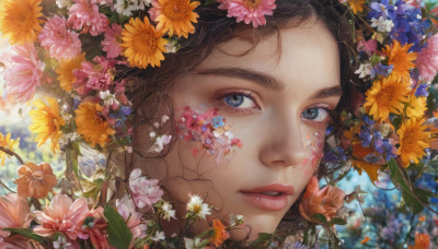 1girl, solo, looking at viewer, blue eyes, brown hair, hair ornament, flower, parted lips, hair flower, blurry, lips, eyelashes, blurry background, white flower, portrait, pink flower, freckles, blue flower, realistic, yellow flower, purple flower, orange flower