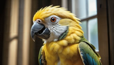 HQ,solo,looking at viewer,open mouth,red eyes,upper body,wings,indoors,blurry,orange eyes,no humans,window,blurry background,bird,animal,feathers,realistic,animal focus,beak,closed mouth,parrot