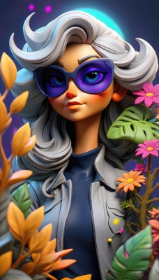 1girl,solo,long hair,looking at viewer,smile,blue eyes,shirt,jewelry,closed mouth,jacket,upper body,flower,white hair,grey hair,earrings,open clothes,open jacket,lips,eyelashes,makeup,leaf,sunglasses,blue shirt,lipstick,eyeshadow,curly hair,pocket,nose,red lips,tinted eyewear,denim jacket,blush,artist name,night,moon,plant,pink flower,freckles