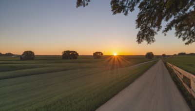 outdoors,sky,cloud,tree,no humans,sunlight,grass,nature,scenery,sunset,mountain,sun,road,evening,landscape,path,sunrise,hill,blue sky,ground vehicle,motor vehicle,car,bush,gradient sky