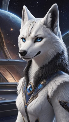 1girl,solo,looking at viewer,smile,blue eyes,jewelry,upper body,sky,no humans,animal,brooch,gem,star (sky),furry,starry sky,space,white fur,planet,wolf,breasts,artist name,necklace,moon,earth (planet)