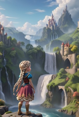 1girl,solo,long hair,skirt,blonde hair,dress,very long hair,standing,braid,flower,short sleeves,boots,outdoors,sky,day,puffy sleeves,cloud,water,from behind,twin braids,tree,blue sky,puffy short sleeves,looking away,brown footwear,knee boots,cloudy sky,building,scenery,mountain,city,fantasy,facing away,bridge,river,castle,waterfall,landscape,cliff,floating island,blue eyes,full body,white hair,artist name,armor,red dress,looking up,plant,nature,tower