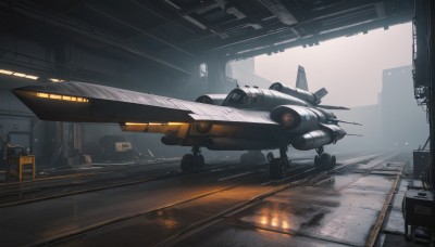 indoors,signature,military,no humans,window,fire,building,scenery,science fiction,realistic,aircraft,military vehicle,airplane,vehicle focus,spacecraft,jet,fighter jet,ground vehicle,cable,lights,train station,railroad tracks