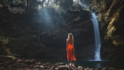 1girl,solo,long hair,brown hair,black hair,dress,standing,outdoors,water,from behind,tree,red dress,sunlight,nature,scenery,wading,forest,light rays,rock,facing away,sunbeam,waterfall,barefoot,back,river,cave