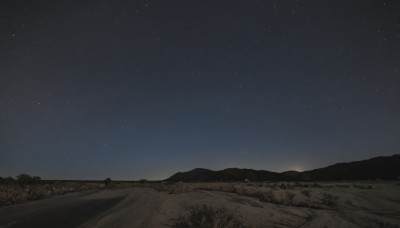 monochrome,outdoors,sky,no humans,night,grass,star (sky),nature,night sky,scenery,starry sky,mountain,sand,road,landscape,mountainous horizon,hill,star (symbol),horizon,field