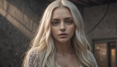 1girl,solo,long hair,looking at viewer,open mouth,blue eyes,blonde hair,dress,collarbone,upper body,white hair,parted lips,teeth,indoors,blurry,lips,grey eyes,depth of field,blurry background,wavy hair,portrait,realistic,nose,cleavage,eyelashes,sunlight,freckles