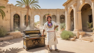 1girl,solo,looking at viewer,smile,brown hair,black hair,1boy,brown eyes,jewelry,standing,full body,braid,male focus,outdoors,sky,day,dark skin,necklace,bracelet,tree,hand on hip,shadow,brown footwear,sandals,sunlight,dark-skinned male,crown,plant,building,instrument,robe,stairs,palm tree,potted plant,pillar,egyptian,egyptian clothes,column,dress,closed eyes,shoes,dark-skinned female,blue sky,grass,bush,statue,arch