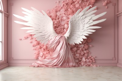 PREMIUM,flower,wings,indoors,petals,no humans,window,rose,feathered wings,pink flower,angel wings,door,white wings,angel,pink theme,1girl,solo,dress,wall,multiple wings