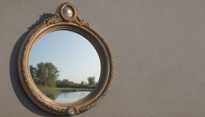 simple background,outdoors,sky,day,grey background,water,tree,no humans,grass,plant,nature,scenery,forest,reflection,mirror,still life,cloud,blue sky,shadow