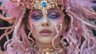 1girl,solo,long hair,looking at viewer,blue eyes,brown hair,hair ornament,jewelry,green eyes,parted lips,teeth,necklace,mole,blurry,lips,head tilt,eyelashes,makeup,depth of field,blurry background,feathers,lipstick,gem,portrait,close-up,eyeshadow,realistic,nose,headdress,feather hair ornament,straight-on,purple lips,mascara