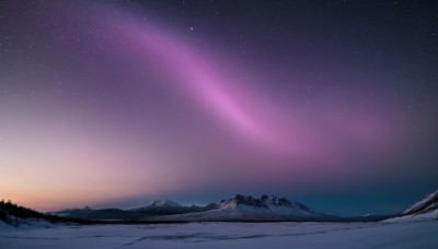 outdoors,sky,tree,no humans,night,star (sky),nature,night sky,scenery,snow,starry sky,mountain,landscape,mountainous horizon,aurora,forest,sunset,winter,gradient sky,shooting star,sunrise,milky way