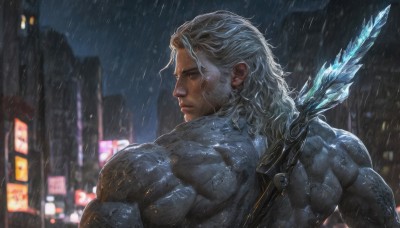 solo,long hair,1boy,closed mouth,upper body,weapon,white hair,grey hair,male focus,outdoors,looking back,sword,artist name,medium hair,from behind,blurry,wet,muscular,night,blurry background,facial hair,back,scar,muscular male,building,bara,beard,rain,city,mature male,realistic,manly,city lights,sky,signature,armor,from side,profile,arrow (projectile),quiver,weapon on back