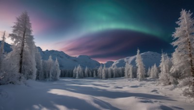 outdoors,sky,cloud,tree,no humans,night,star (sky),nature,night sky,scenery,snow,forest,starry sky,mountain,winter,landscape,pine tree,aurora,rainbow,gradient sky