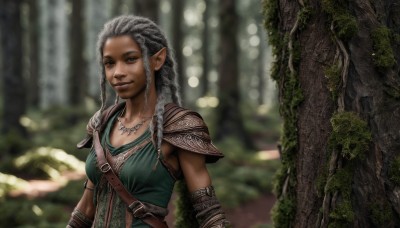 1girl,solo,long hair,breasts,looking at viewer,smile,brown eyes,jewelry,medium breasts,closed mouth,upper body,braid,grey hair,outdoors,pointy ears,belt,dark skin,necklace,armor,blurry,dark-skinned female,tree,lips,depth of field,blurry background,elf,shoulder armor,nature,forest,pauldrons,realistic,nose,leather,cleavage,grey eyes