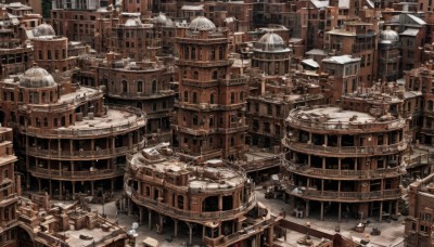 no humans,window,from above,building,scenery,stairs,city,fantasy,railing,cityscape,architecture,bridge,outdoors,snow,science fiction,very wide shot