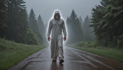 1girl,solo,looking at viewer,long sleeves,1boy,full body,outdoors,pants,dark skin,hood,tree,nature,hood up,forest,walking,rain,robe,realistic,arms at sides,road,bush,fog,standing,male focus,sky,shoes,mask,brown footwear,grass,scenery,pine tree