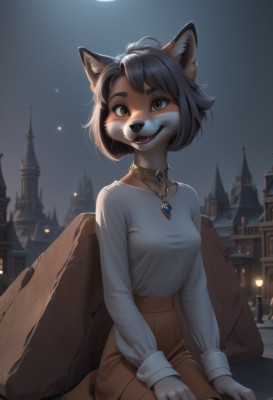 1girl,solo,breasts,looking at viewer,smile,short hair,open mouth,bangs,skirt,brown hair,shirt,black hair,long sleeves,animal ears,brown eyes,jewelry,medium breasts,sitting,collarbone,tail,white shirt,:d,grey hair,small breasts,outdoors,sky,teeth,choker,tongue,artist name,signature,necklace,blurry,fingernails,animal ear fluff,fox ears,night,blurry background,fangs,moon,happy,fox girl,building,gem,night sky,furry,full moon,pendant,brown skirt,furry female,shirt tucked in,body fur,white fur,lamppost,animal nose,snout,grey fur,parted lips,pants,lips,fox tail,thick eyebrows,city,candle,brown pants,castle,brown fur,moonlight