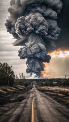 outdoors,sky,day,cloud,tree,no humans,cloudy sky,fire,scenery,smoke,monster,road,power lines,street,utility pole,eldritch abomination,solo,statue,crosswalk