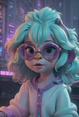 1girl,solo,looking at viewer,short hair,bangs,long sleeves,animal ears,green eyes,blue hair,jacket,upper body,parted lips,green hair,glasses,teeth,artist name,medium hair,blurry,lips,aqua hair,blurry background,headphones,watermark,sunglasses,furry,round eyewear,furry female,tinted eyewear,animal nose,purple-tinted eyewear,jewelry,neon lights