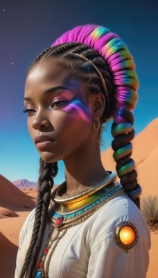 1girl,solo,long hair,breasts,looking at viewer,black hair,hair ornament,brown eyes,jewelry,upper body,braid,multicolored hair,earrings,outdoors,parted lips,sky,teeth,day,artist name,dark skin,necklace,twin braids,two-tone hair,dark-skinned female,blue sky,lips,streaked hair,see-through,eyelashes,makeup,facial mark,half-closed eyes,lipstick,star (sky),forehead,eyeshadow,hoop earrings,realistic,nose,eyeliner,facepaint,neck ring,gold,very dark skin,mascara,desert,dreadlocks,multiple braids,shirt,closed mouth,blue hair,pink hair,from side,alternate hairstyle,night,piercing,gem,portrait,hair over shoulder,starry sky,sand