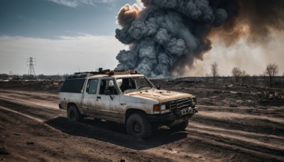 outdoors,sky,cloud,tree,no humans,cloudy sky,fire,ground vehicle,building,scenery,motor vehicle,smoke,realistic,car,road,explosion,vehicle focus,power lines,utility pole,truck,day,signature,blue sky,dust,tire