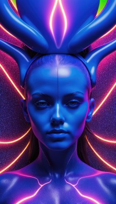 1girl,solo,long hair,looking at viewer,closed mouth,collarbone,upper body,horns,shiny,lips,glowing,colored skin,portrait,science fiction,realistic,nose,blue skin,galaxy,blue eyes,blue hair,shiny skin,expressionless,star (sky),forehead,blue theme,serious,cable,space,planet,alien