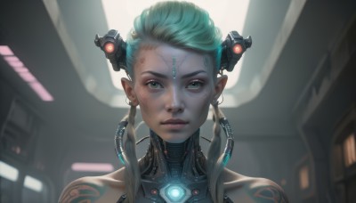 1girl,solo,looking at viewer,short hair,hair ornament,bare shoulders,twintails,jewelry,closed mouth,green eyes,collarbone,upper body,earrings,green hair,pointy ears,blurry,lips,eyelashes,aqua hair,tattoo,makeup,depth of field,blurry background,glowing,headgear,facial mark,portrait,science fiction,realistic,nose,android,cable,cyborg,mascara,cyberpunk,aqua eyes,backlighting