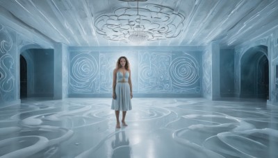 1girl,solo,long hair,breasts,looking at viewer,brown hair,dress,cleavage,bare shoulders,medium breasts,standing,barefoot,indoors,dark skin,water,white dress,dark-skinned female,reflection,walking,arms at sides,ripples,pillar,reflective floor,black hair,brown eyes,window,scenery,rain,ruins,wide shot