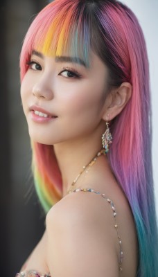 1girl,solo,long hair,breasts,looking at viewer,smile,bangs,blonde hair,bare shoulders,jewelry,medium breasts,blue hair,upper body,pink hair,multicolored hair,earrings,parted lips,teeth,blunt bangs,necklace,grin,blurry,black eyes,from side,two-tone hair,lips,looking to the side,eyelashes,gradient hair,makeup,gem,realistic,nose,rainbow hair,blue eyes,purple hair,artist name,watermark,lipstick,eyeshadow