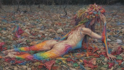 1girl,solo,long hair,brown hair,black hair,hair ornament,ass,flower,nude,outdoors,lying,barefoot,hair flower,from behind,tree,completely nude,arm support,leaf,back,on side,soles,plant,monster girl,red flower,nature,forest,branch,on ground,ribs,bodypaint,colorful,surreal,dirty feet,breasts,blood,traditional media,on stomach,painting (medium),dripping