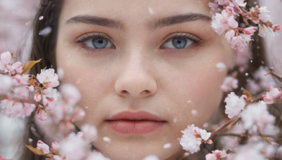 1girl, solo, looking at viewer, blue eyes, brown hair, closed mouth, flower, blurry, lips, grey eyes, petals, eyelashes, cherry blossoms, portrait, close-up, blurry foreground, realistic, nose, branch