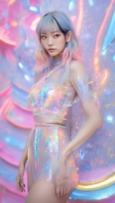 1girl,solo,long hair,breasts,looking at viewer,bangs,blue eyes,black hair,bare shoulders,medium breasts,closed mouth,blue hair,standing,pink hair,multicolored hair,cowboy shot,sleeveless,artist name,blunt bangs,medium hair,two-tone hair,lips,see-through,gradient hair,makeup,watermark,web address,science fiction,realistic,nose,skirt,jewelry,white hair,midriff,signature,nail polish,black eyes,from side,crop top,cyberpunk