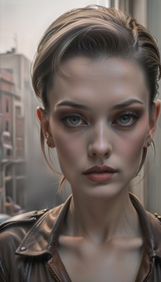 1girl,solo,looking at viewer,short hair,blue eyes,blonde hair,brown hair,jewelry,closed mouth,green eyes,collarbone,jacket,earrings,outdoors,blurry,lips,black jacket,grey eyes,eyelashes,blurry background,piercing,ear piercing,portrait,forehead,freckles,realistic,nose,leather,leather jacket,upper body,parted lips,artist name,depth of field,building,motor vehicle,close-up,zipper,city