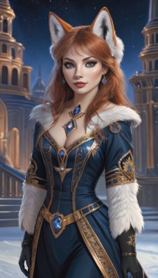 1girl,solo,long hair,breasts,looking at viewer,blue eyes,large breasts,brown hair,gloves,dress,animal ears,cleavage,jewelry,medium breasts,closed mouth,cowboy shot,earrings,outdoors,sky,black gloves,artist name,necklace,mole,blurry,bracelet,lips,coat,fur trim,fox ears,makeup,night,blurry background,blue dress,watermark,lipstick,fox girl,between breasts,gem,star (sky),night sky,mole under mouth,snow,pendant,starry sky,gold trim,red lips,blush,bangs,brown eyes,standing,purple eyes,belt,orange hair,grey eyes,realistic