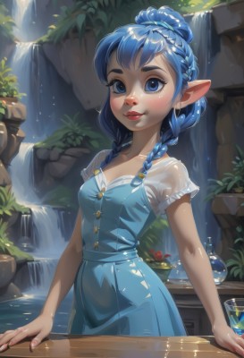 1girl,solo,long hair,breasts,looking at viewer,blush,smile,bangs,blue eyes,shirt,dress,cleavage,closed mouth,blue hair,standing,collarbone,braid,short sleeves,cowboy shot,small breasts,outdoors,day,pointy ears,artist name,water,nail polish,twin braids,lips,fingernails,see-through,eyelashes,makeup,fruit,blue dress,watermark,table,sunlight,bottle,plant,lipstick,elf,hair over shoulder,freckles,nose,red lips,crown braid,waterfall,hair bun,cup,wet,single hair bun,thick eyebrows,wet clothes,french braid,drinking glass,potted plant