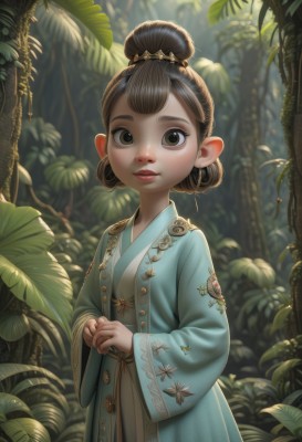 1girl,solo,looking at viewer,smile,short hair,bangs,brown hair,hair ornament,long sleeves,dress,brown eyes,closed mouth,standing,outdoors,day,wide sleeves,hair bun,blurry,black eyes,tree,lips,blurry background,blue dress,leaf,sunlight,single hair bun,own hands together,plant,child,nature,forest,freckles,realistic,female child,blush,jewelry,artist name,chinese clothes,robe,nose