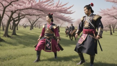 1girl,multiple girls,black hair,hair ornament,1boy,standing,weapon,flower,outdoors,japanese clothes,multiple boys,day,sword,2boys,hair bun,armor,tree,sash,single hair bun,katana,grass,cherry blossoms,shoulder armor,sheath,sheathed,realistic,japanese armor,horse,topknot,short hair,long sleeves,closed mouth,full body,sky,pants,looking at another,blue sky,facial hair,animal,chinese clothes,hair stick,riding,scabbard,weapon on back,horseback riding,saddle