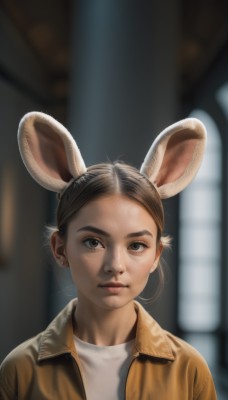 1girl,solo,looking at viewer,short hair,brown hair,shirt,animal ears,brown eyes,jewelry,closed mouth,jacket,white shirt,upper body,earrings,open clothes,indoors,blurry,lips,depth of field,blurry background,forehead,brown jacket,realistic,mouse ears,rabbit ears,parted bangs,fake animal ears,portrait,extra ears,nose,stud earrings