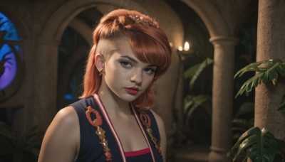 1girl,solo,long hair,looking at viewer,bangs,brown hair,hair ornament,bare shoulders,brown eyes,jewelry,closed mouth,collarbone,upper body,multicolored hair,earrings,sleeveless,indoors,orange hair,mole,blurry,lips,mole under eye,makeup,plant,lipstick,eyeshadow,freckles,realistic,nose,pillar,mascara,breasts,short hair,dress,red hair,artist name,black eyes,leaf,tiara,arch