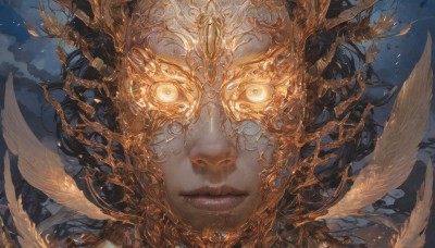 1girl,solo,long hair,looking at viewer,black hair,jewelry,closed mouth,parted lips,wings,sky,teeth,artist name,lips,glowing,headgear,helmet,feathers,portrait,glowing eyes,close-up,fantasy,white eyes,blue eyes,yellow eyes,cloud,eyelashes,light particles,straight-on,gold,crack,cracked skin,falling feathers