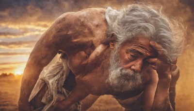 solo,1boy,closed eyes,white hair,male focus,nude,outdoors,sky,cloud,hug,facial hair,beard,topless male,realistic,mustache,sun,manly,old,old man,grey hair,pants,muscular,cloudy sky,messy hair,carrying,sunset,wrinkled skin