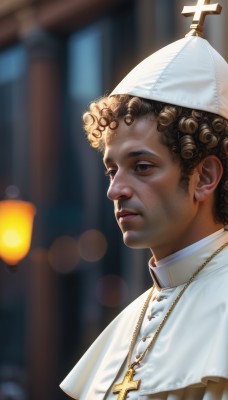 solo,brown hair,black hair,1boy,hat,jewelry,closed mouth,upper body,male focus,dark skin,necklace,blurry,black eyes,from side,lips,blurry background,white headwear,dark-skinned male,cross,curly hair,realistic,nose,nun,cross necklace,latin cross,church,priest,mitre,brown eyes,parted lips,depth of field,portrait,looking ahead