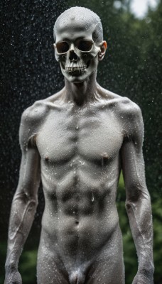 solo,looking at viewer,smile,1boy,navel,nipples,standing,male focus,nude,cowboy shot,penis,teeth,pussy,grin,blurry,wet,completely nude,sunglasses,skull,realistic,arms at sides,bald,grey skin,skeleton,horror (theme),pubic hair,abs,ribs,what