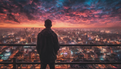 solo, 1boy, jacket, male focus, outdoors, sky, cloud, from behind, dutch angle, cloudy sky, building, scenery, sunset, city, hands in pockets, railing, cityscape, city lights