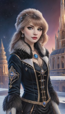 1girl,solo,long hair,breasts,looking at viewer,bangs,blue eyes,blonde hair,brown hair,hair ornament,gloves,long sleeves,dress,cleavage,jewelry,medium breasts,standing,earrings,small breasts,outdoors,sky,artist name,signature,necklace,lips,coat,grey eyes,fur trim,makeup,night,lipstick,brooch,building,gem,star (sky),night sky,snow,pendant,eyeshadow,starry sky,realistic,nose,red lips,castle,upper body,black dress,feathers