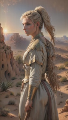 1girl,solo,long hair,breasts,blonde hair,long sleeves,dress,holding,brown eyes,jewelry,closed mouth,standing,ponytail,ass,cowboy shot,outdoors,parted lips,sky,cloud,white dress,armor,from side,lips,looking to the side,sunlight,grass,staff,backlighting,sunset,rock,mountain,realistic,nose,sun,looking afar,dirty,mountainous horizon,blue eyes,very long hair,day,artist name,see-through,profile,high ponytail,sunrise