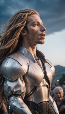 long hair,blue eyes,blonde hair,brown hair,1boy,brown eyes,upper body,male focus,outdoors,parted lips,multiple boys,sky,solo focus,cloud,armor,blurry,lips,blurry background,facial hair,shoulder armor,gauntlets,beard,pauldrons,breastplate,mountain,realistic,nose,dirty,plate armor,solo,day,tree,looking up,stubble,looking afar,knight