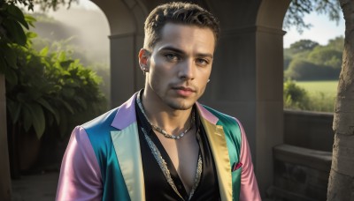 HQ,solo,looking at viewer,short hair,brown hair,shirt,black hair,1boy,brown eyes,jewelry,closed mouth,jacket,upper body,male focus,earrings,outdoors,day,necklace,blurry,vest,tree,lips,black shirt,blurry background,facial hair,chain,piercing,beard,realistic,stubble,pink jacket,gold chain,blue eyes,blonde hair