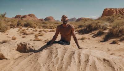 solo,1boy,sitting,male focus,outdoors,sky,day,pants,dark skin,blue sky,muscular,facial hair,bird,abs,dark-skinned male,pectorals,muscular male,scenery,beard,topless male,rock,mountain,realistic,mustache,sand,bald,desert,manly