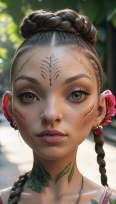 1girl,solo,long hair,looking at viewer,brown hair,hair ornament,brown eyes,jewelry,collarbone,upper body,braid,flower,earrings,outdoors,parted lips,day,artist name,hair flower,dark skin,necklace,hair bun,blurry,twin braids,dark-skinned female,lips,grey eyes,eyelashes,tattoo,makeup,depth of field,blurry background,leaf,facial mark,sunlight,plant,portrait,freckles,forehead mark,realistic,nose,straight-on,dappled sunlight,multiple braids,closed mouth,mole,watermark,facepaint